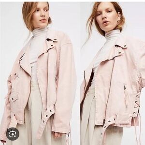 FREE PEOPLE Pink Denim Moto Jacket